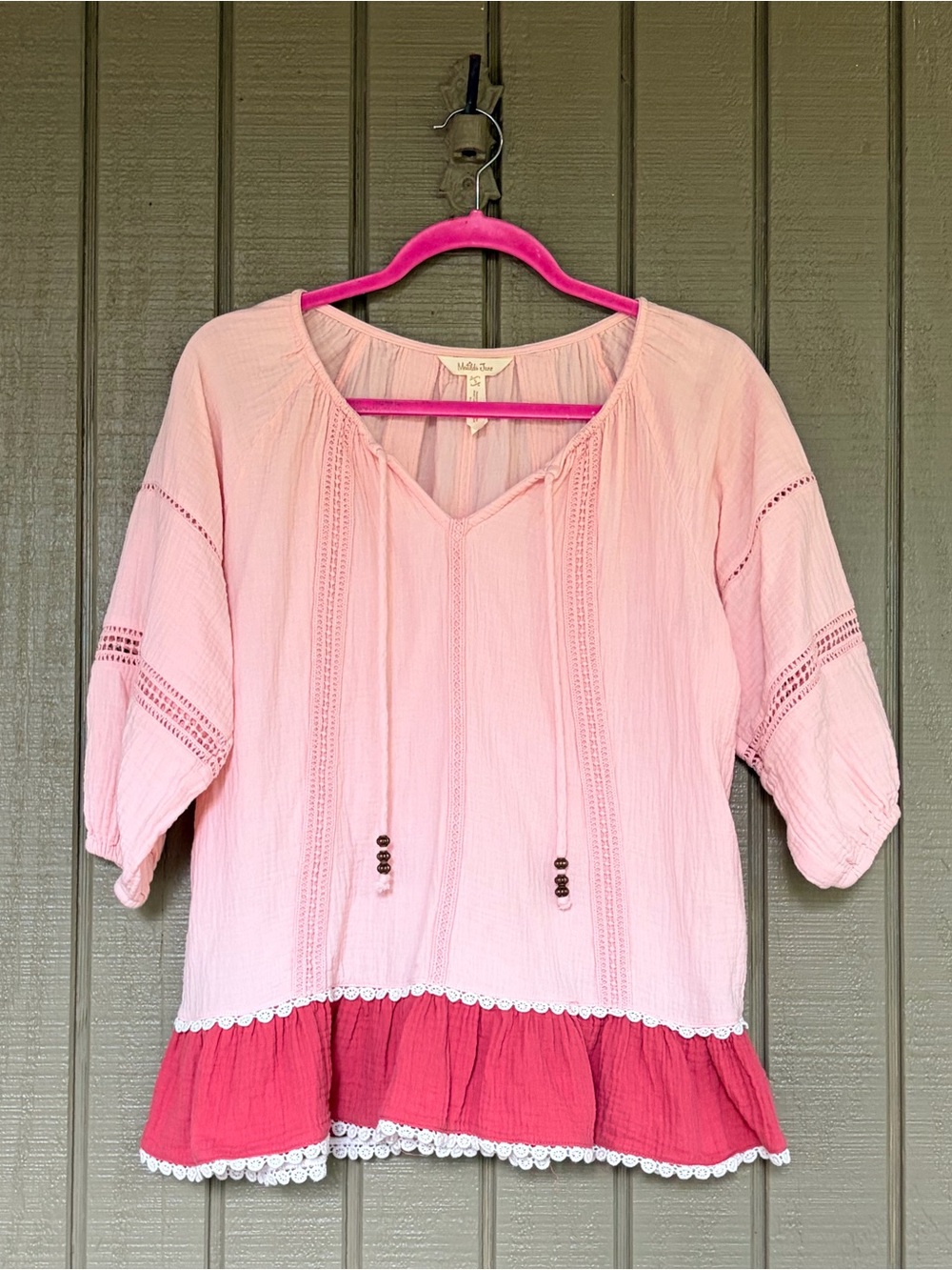 Matilda Jane Cotton Gauze Lace Ruffle Peasant Blouse Small Pink Colorblock EUC